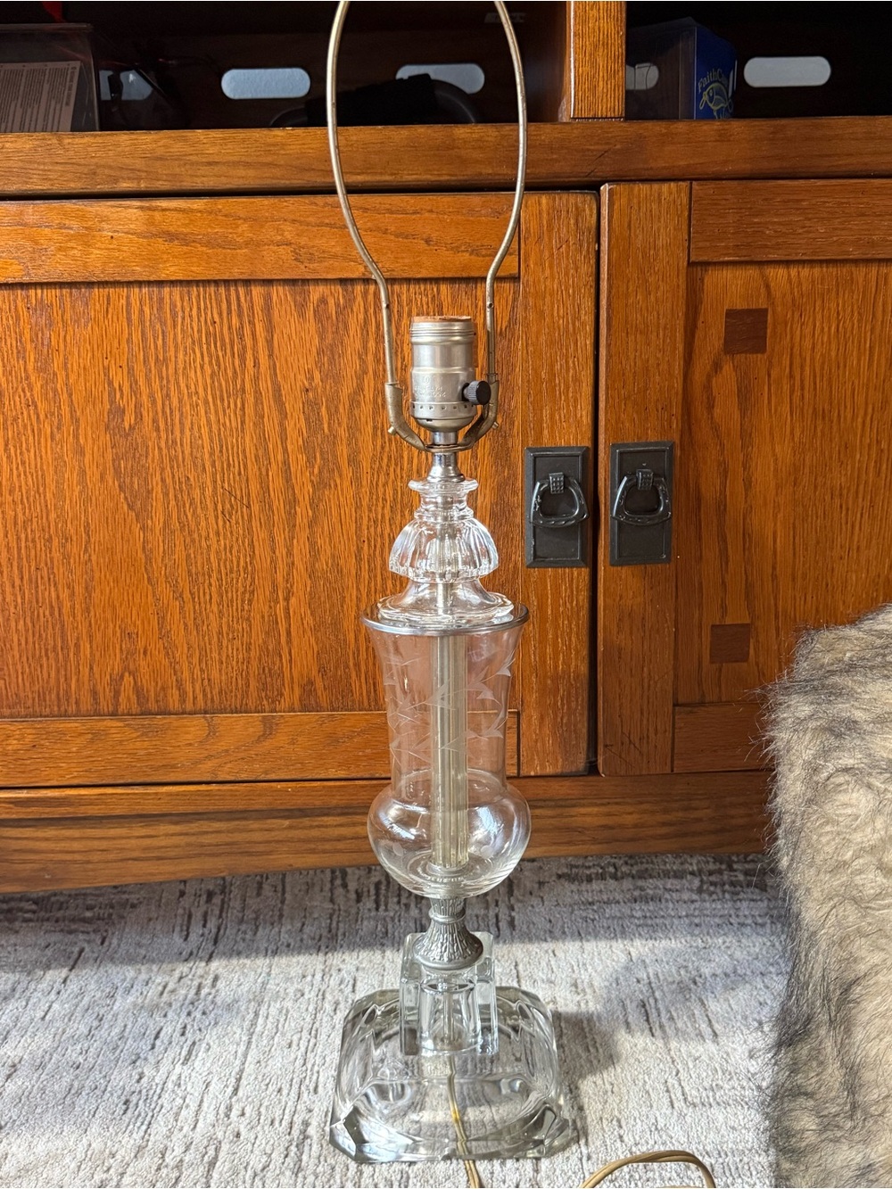 Hollywood Regency stacked clear crystal lamp etched glass multi tiered vintage